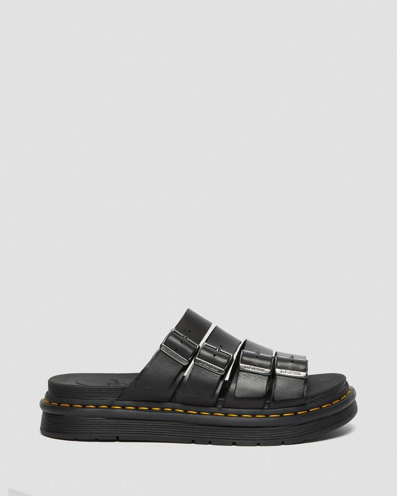 Men's Dr Martens Tate Leather Slide Sandals Black | AU 636QMA